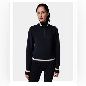 Sweaty Betty Women’s Navy Funnel Neck Half Zip-Up Sweater White Trim Size 14